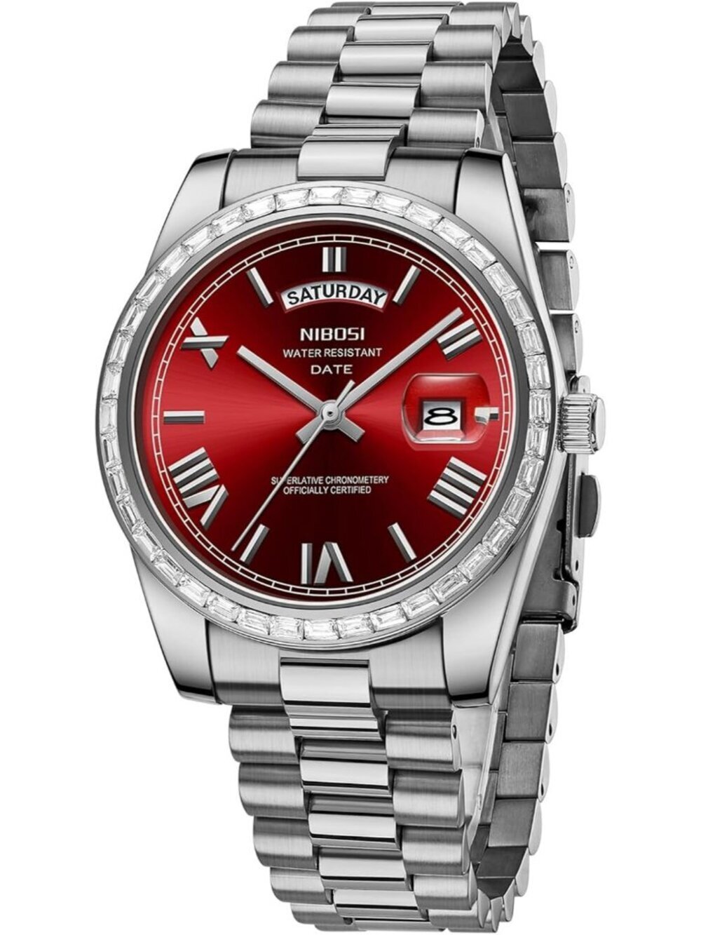 Nibosi Men's Silver Red Analog Quartz Diamond Bezel Stainless Waterproof Watch